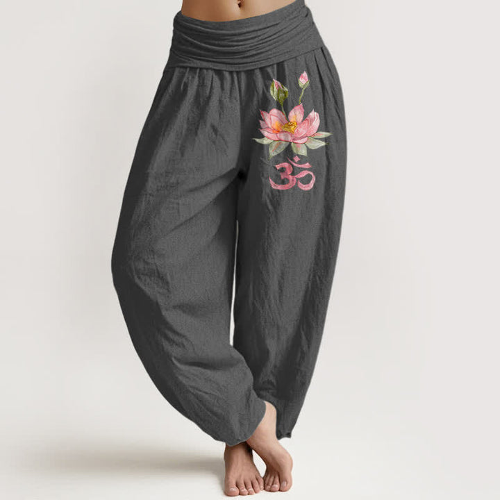Buddha Stones Pantalon harem pour femme en pur coton rose à motif lotus Om et taille élastique - Gris terne - US16，UK/AU20，EU48 (3XL) - image 8