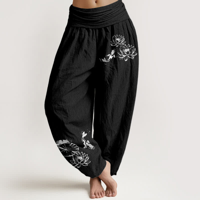 Buddha Stones Pantalon harem pour femme en pur coton à motif koi et lotus, taille élastique - Noir - US16，UK/AU20，EU48 (3XL) - image 0