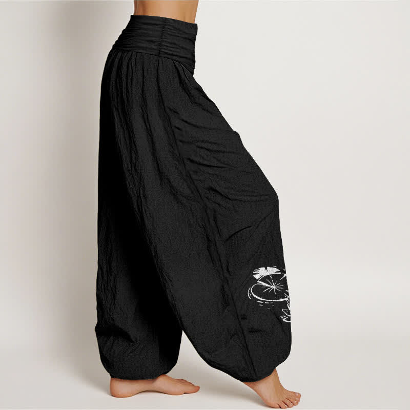 Buddha Stones Pantalon harem pour femme en pur coton à motif koi et lotus, taille élastique - image 1