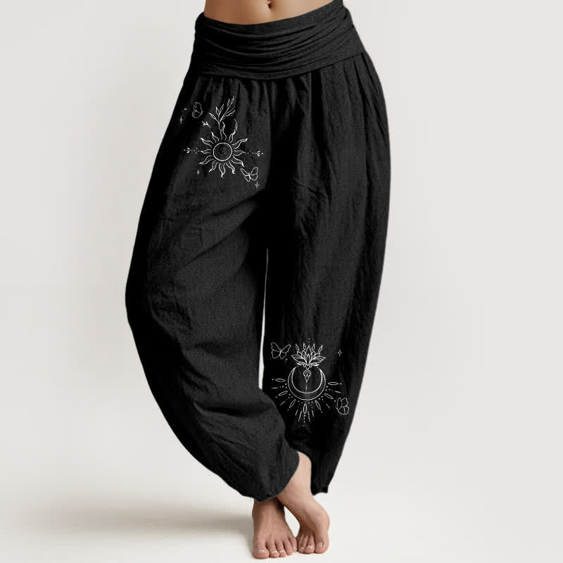 Buddha Stones Pantalon harem pour femme en pur coton, motif papillon, soleil, lotus et lune, taille élastique - Noir - US16，UK/AU20，EU48 (3XL) - image 0