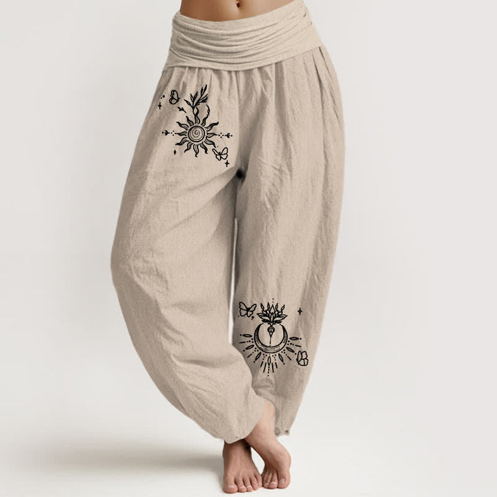 Buddha Stones Pantalon harem pour femme en pur coton, motif papillon, soleil, lotus et lune, taille élastique - Tanné - US16，UK/AU20，EU48 (3XL) - image 8