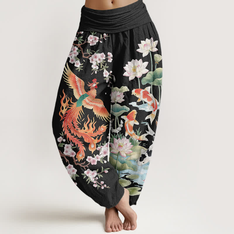 Buddha Stones Pantalon harem à taille élastique pour femme, motif phénix, carpe koï et lotus, en coton - Noir - US16，UK/AU20，EU48 (3XL) - image 0
