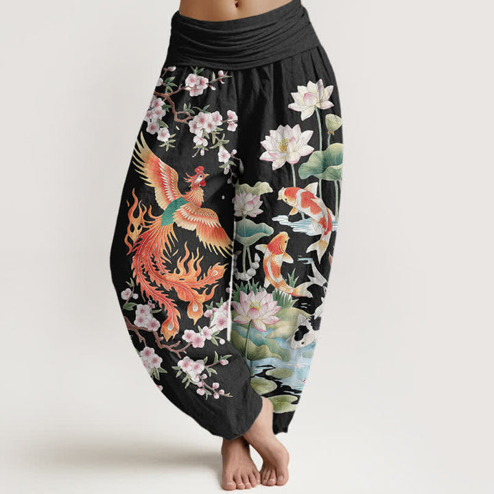 Buddha Stones Pantalon harem à taille élastique pour femme, motif phénix, carpe koï et lotus, en coton - Noir - US16，UK/AU20，EU48 (3XL) - image 0