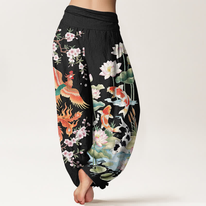 Buddha Stones Pantalon harem à taille élastique pour femme, motif phénix, carpe koï et lotus, en coton - image 2