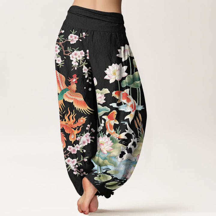 Buddha Stones Pantalon harem à taille élastique pour femme, motif phénix, carpe koï et lotus, en coton - image 2