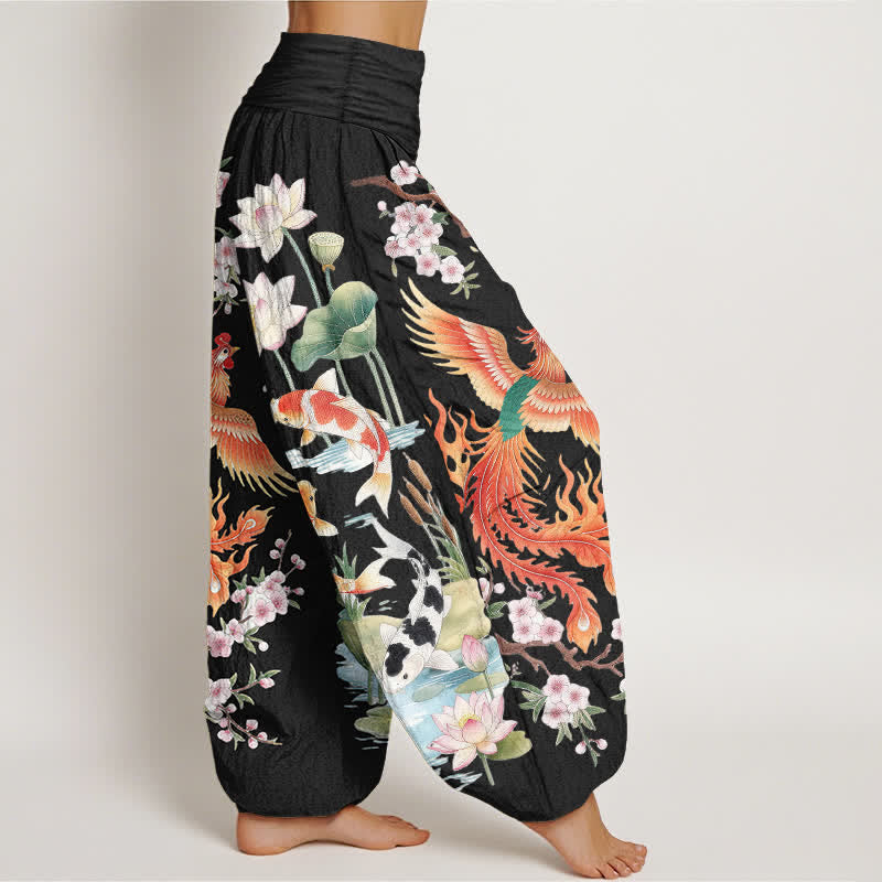 Buddha Stones Pantalon harem à taille élastique pour femme, motif phénix, carpe koï et lotus, en coton - image 1