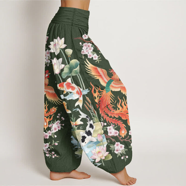 Buddha Stones Pantalon harem à taille élastique pour femme, motif phénix, carpe koï et lotus, en coton - image 6