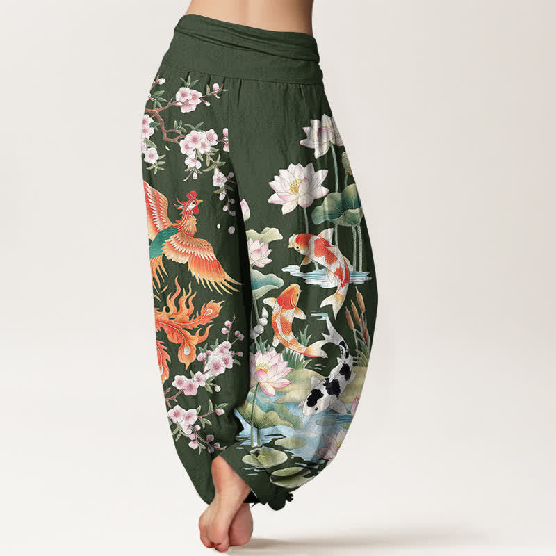 Buddha Stones Pantalon harem à taille élastique pour femme, motif phénix, carpe koï et lotus, en coton - image 7