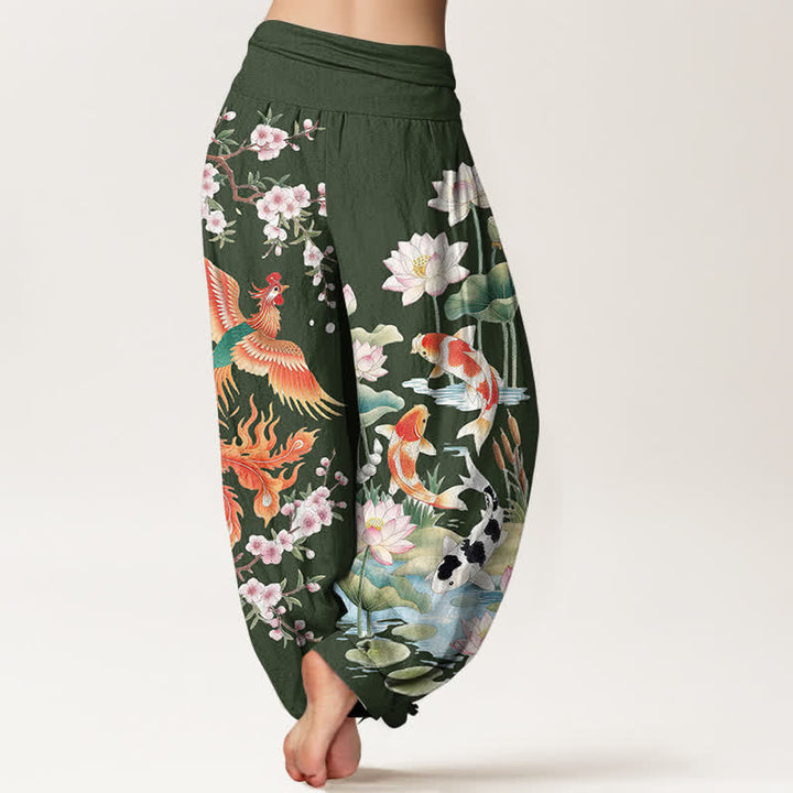 Buddha Stones Pantalon harem à taille élastique pour femme, motif phénix, carpe koï et lotus, en coton - image 7