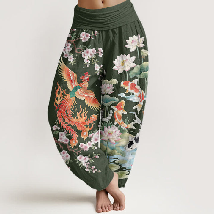 Buddha Stones Pantalon harem à taille élastique pour femme, motif phénix, carpe koï et lotus, en coton - Vert olive foncé - US16，UK/AU20，EU48 (3XL) - image 5