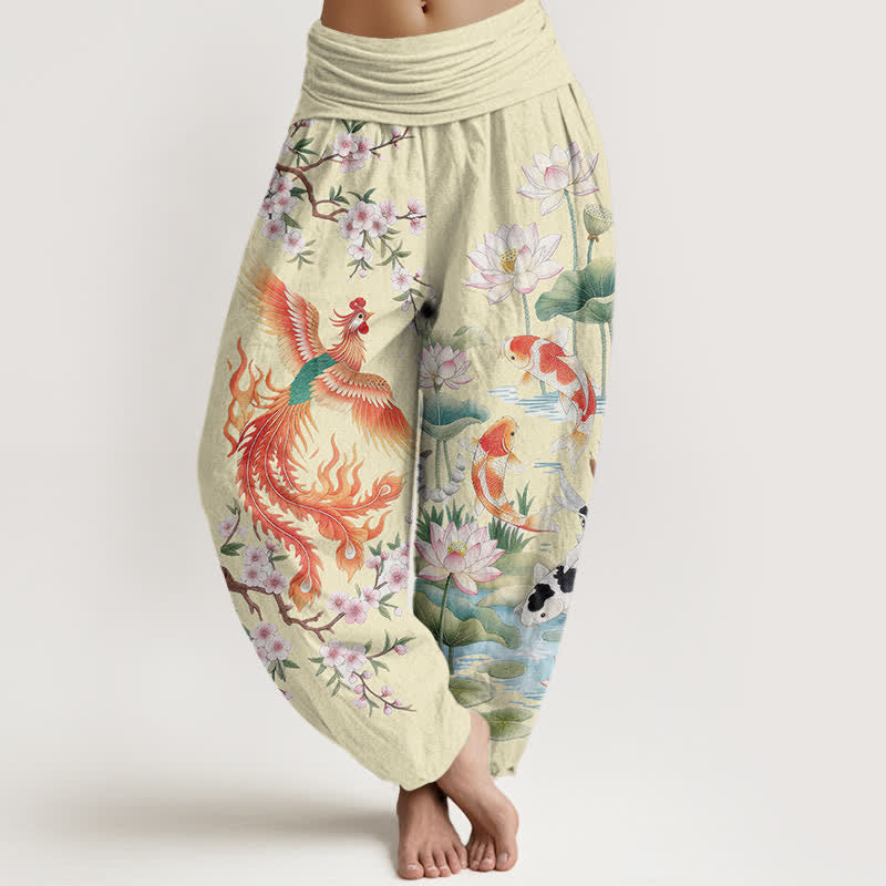 Buddha Stones Pantalon harem à taille élastique pour femme, motif phénix, carpe koï et lotus, en coton - Jaune doré clair - US16，UK/AU20，EU48 (3XL) - image 8