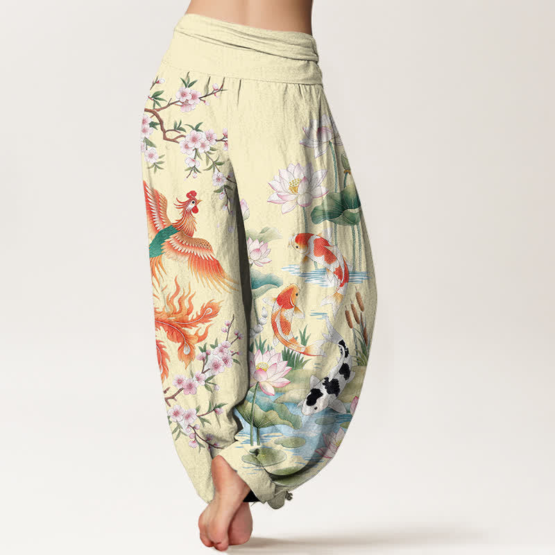 Buddha Stones Pantalon harem à taille élastique pour femme, motif phénix, carpe koï et lotus, en coton - image 10