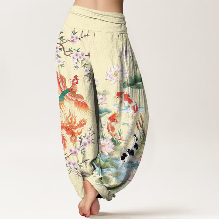 Buddha Stones Pantalon harem à taille élastique pour femme, motif phénix, carpe koï et lotus, en coton - image 10
