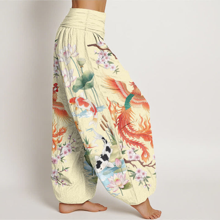 Buddha Stones Pantalon harem à taille élastique pour femme, motif phénix, carpe koï et lotus, en coton - image 9