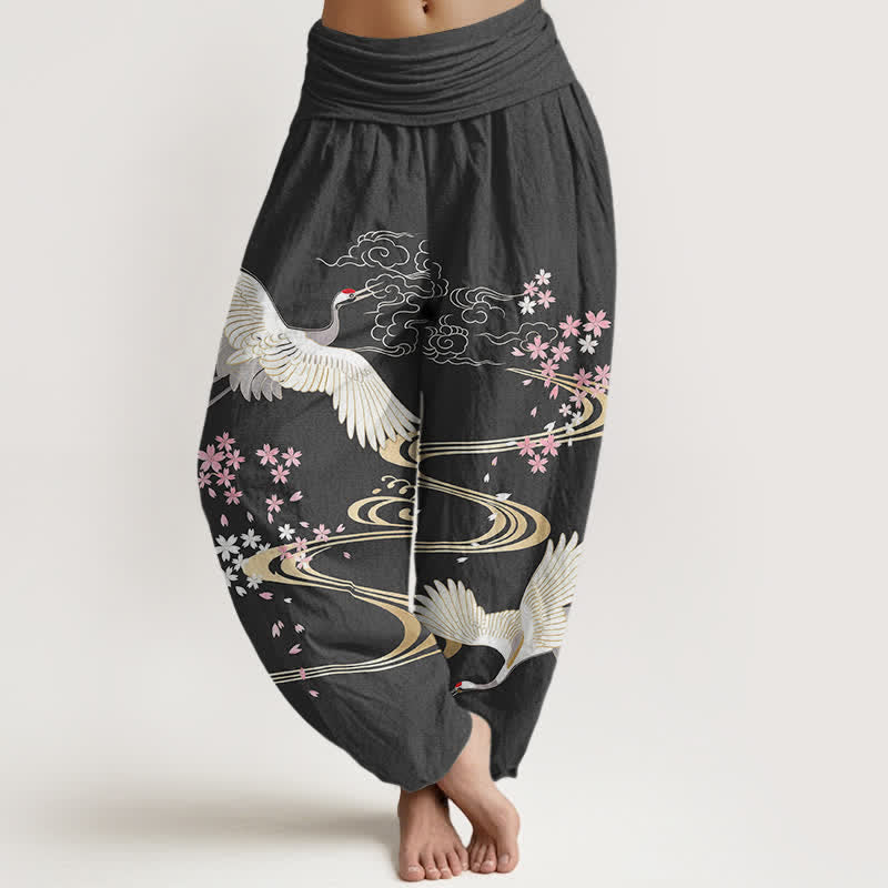 Buddha Stones Pantalon harem à taille élastique pour femme, motif grues et cerisiers en fleurs, en coton. - Gris terne - US16，UK/AU20，EU48 (3XL) - image 0