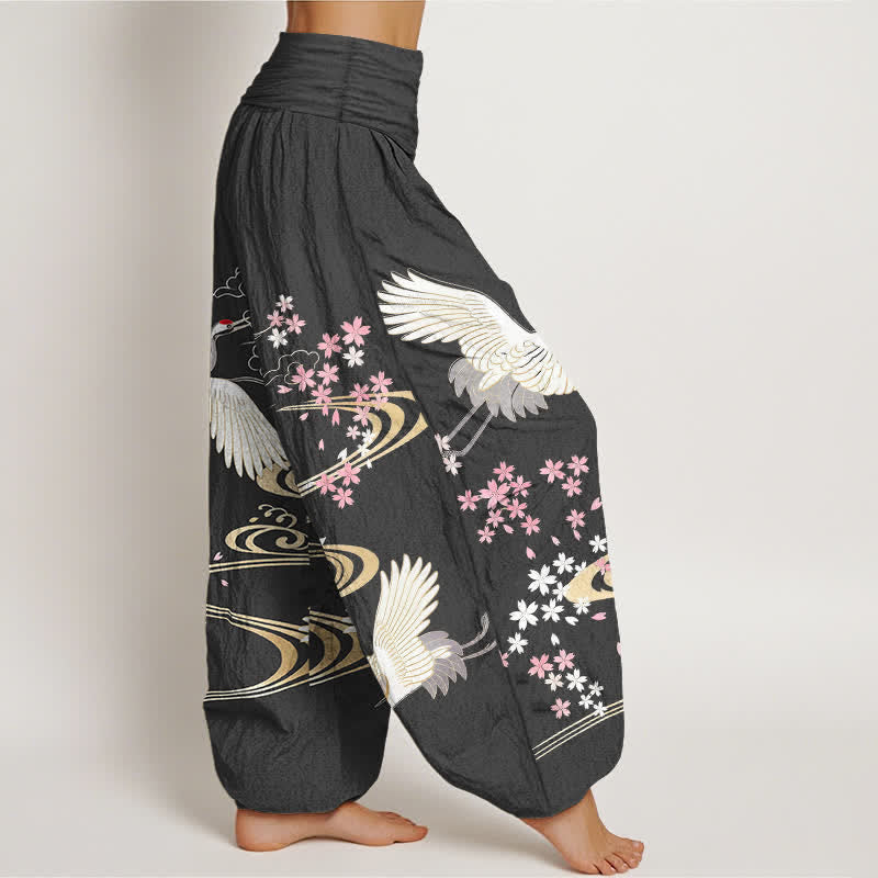 Buddha Stones Pantalon harem à taille élastique pour femme, motif grues et cerisiers en fleurs, en coton. - image 1