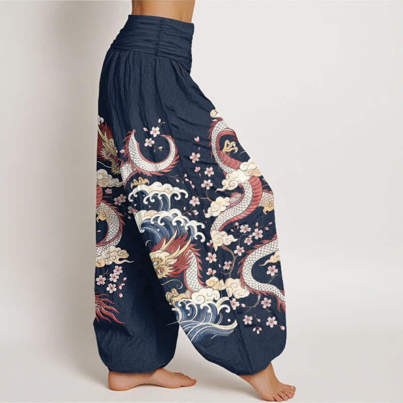 Buddha Stones Pantalon harem à taille élastique pour femme, motif vagues et fleurs de dragon en coton - image 1