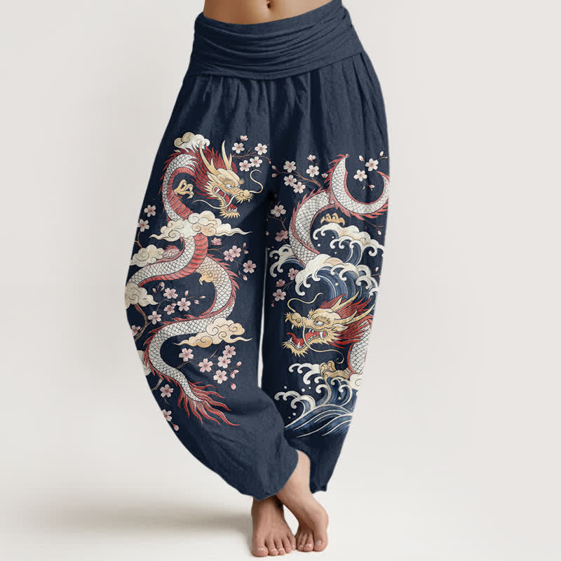 Buddha Stones Pantalon harem à taille élastique pour femme, motif vagues et fleurs de dragon en coton - Marine - US16，UK/AU20，EU48 (3XL) - image 0