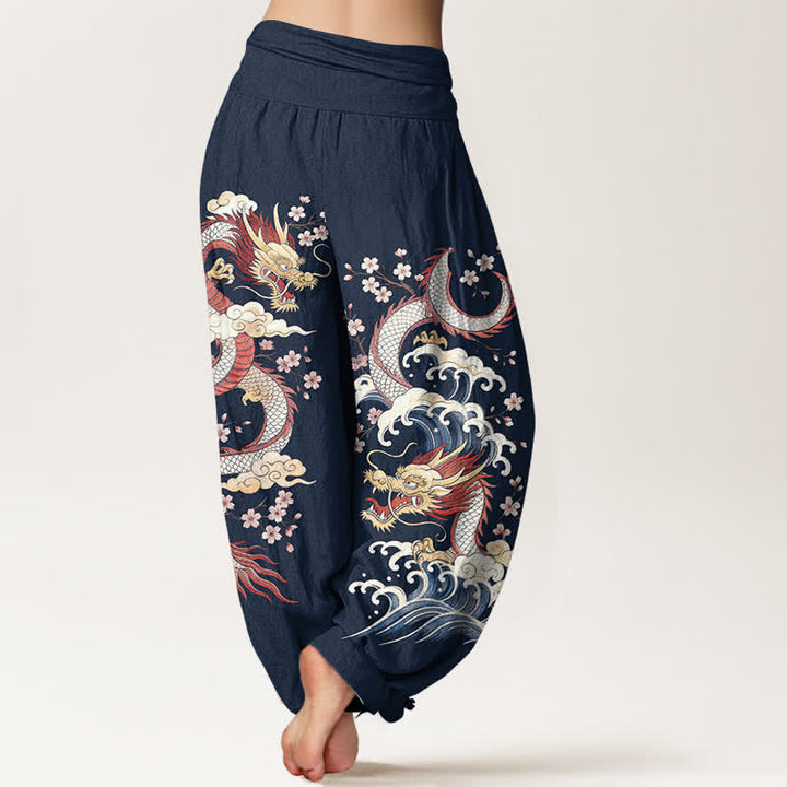 Buddha Stones Pantalon harem à taille élastique pour femme, motif vagues et fleurs de dragon en coton - image 2