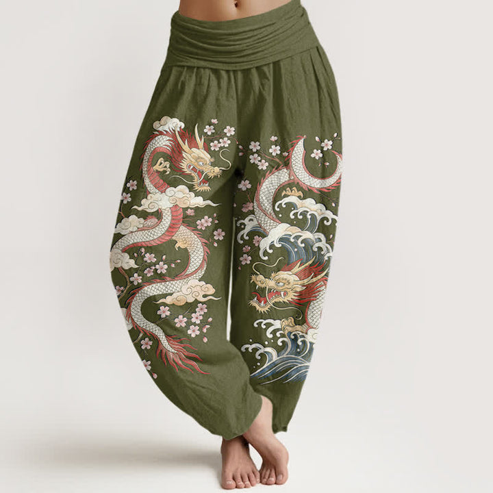 Buddha Stones Pantalon harem à taille élastique pour femme, motif vagues et fleurs de dragon en coton - Vert olive - US16，UK/AU20，EU48 (3XL) - image 5