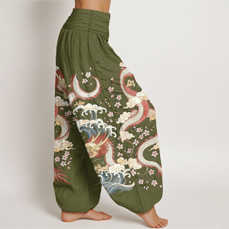 Buddha Stones Pantalon harem à taille élastique pour femme, motif vagues et fleurs de dragon en coton - image 6