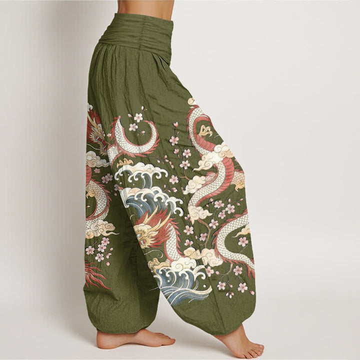 Buddha Stones Pantalon harem à taille élastique pour femme, motif vagues et fleurs de dragon en coton - image 6