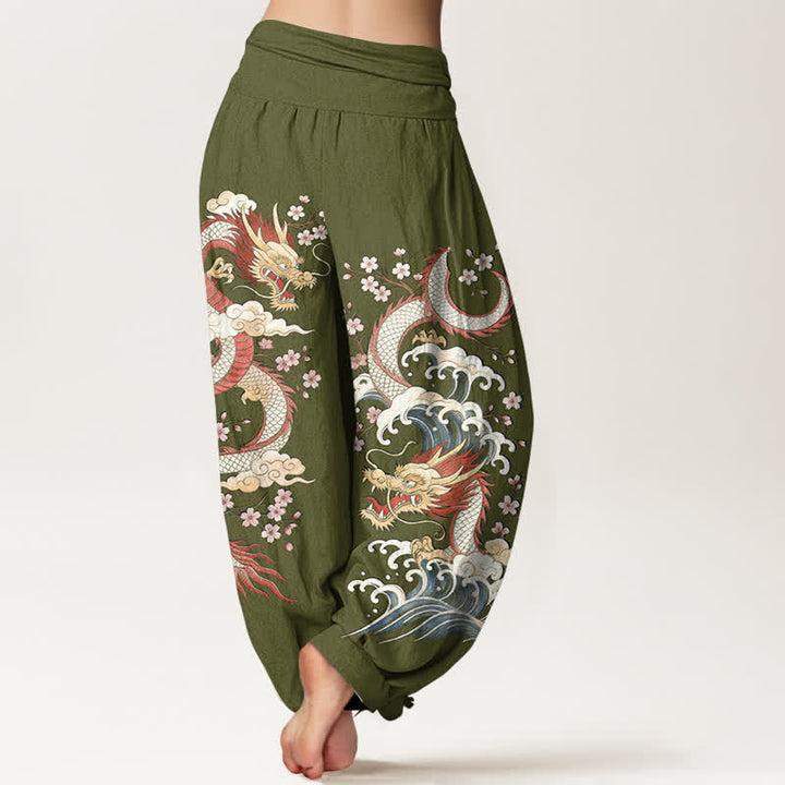 Buddha Stones Pantalon harem à taille élastique pour femme, motif vagues et fleurs de dragon en coton - image 7