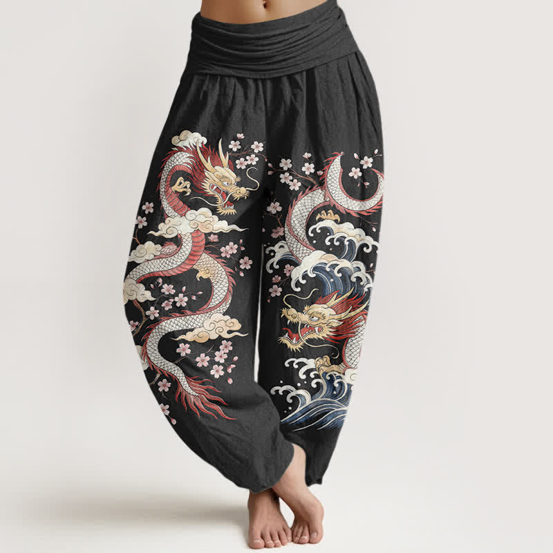 Buddha Stones Pantalon harem à taille élastique pour femme, motif vagues et fleurs de dragon en coton - Noir - US16，UK/AU20，EU48 (3XL) - image 8