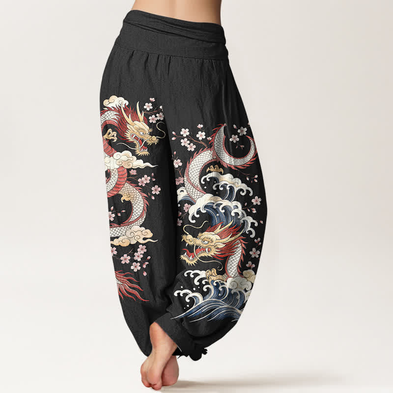 Buddha Stones Pantalon harem à taille élastique pour femme, motif vagues et fleurs de dragon en coton - image 10