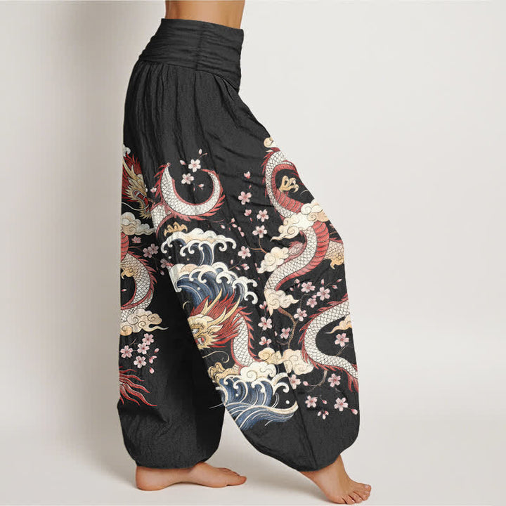 Buddha Stones Pantalon harem à taille élastique pour femme, motif vagues et fleurs de dragon en coton - image 9