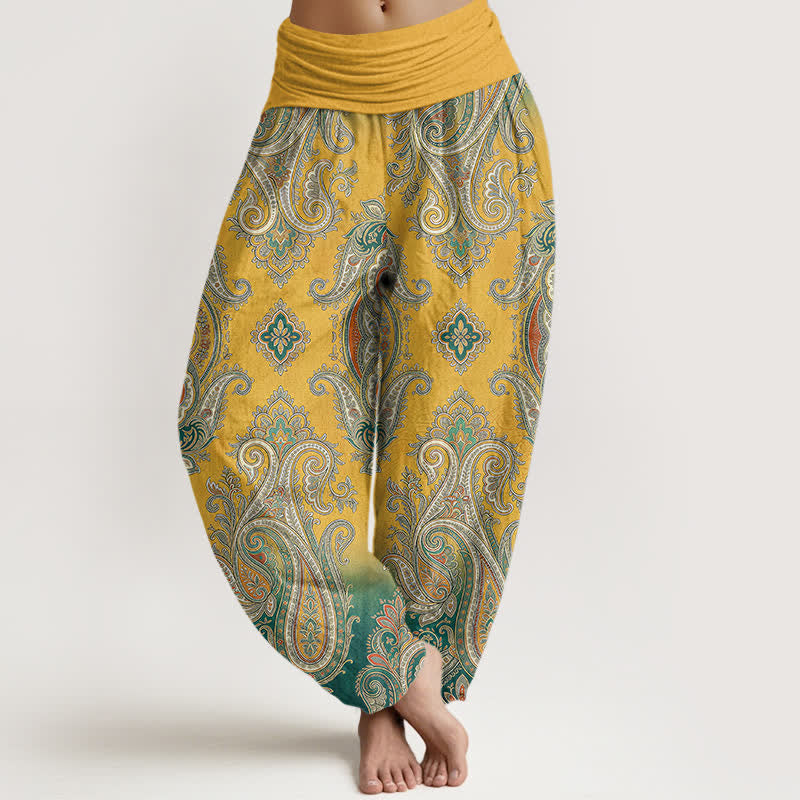 Buddha Stones Pantalon harem pour femme en coton à motif cachemire mosaïque vintage et taille élastique - Or - US16，UK/AU20，EU48 (3XL) - image 0
