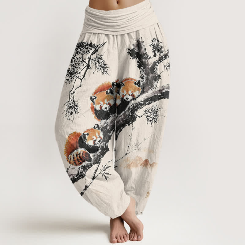 Buddha Stones Pantalon harem à taille élastique pour femme, en coton, encre, bambou, motif panda roux - Lin - US16，UK/AU20，EU48 (3XL) - image 0