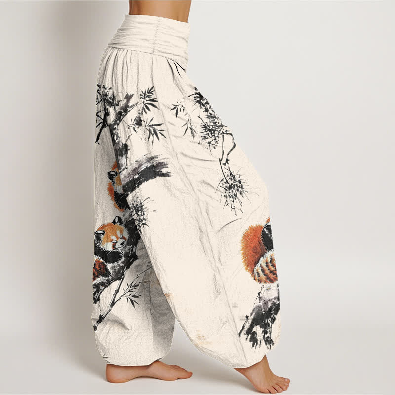 Buddha Stones Pantalon harem à taille élastique pour femme, en coton, encre, bambou, motif panda roux - image 1