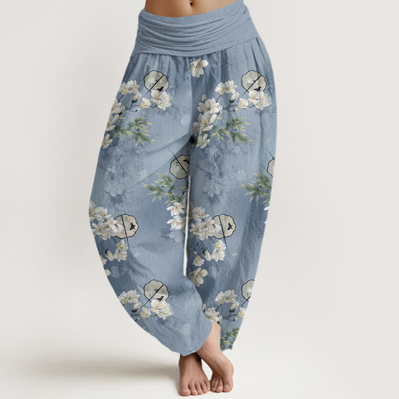 Buddha Stones Pantalon harem à taille élastique pour femme, motif feuilles de fleurs blanches, en coton. - Bleu ciel clair - US16，UK/AU20，EU48 (3XL) - image 0