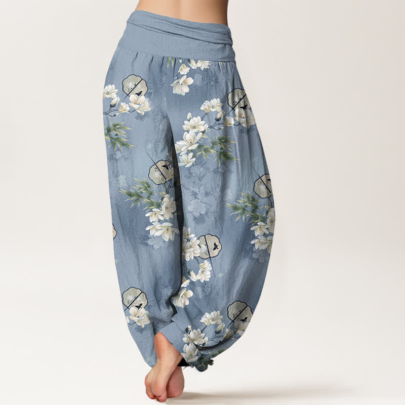 Buddha Stones Pantalon harem à taille élastique pour femme, motif feuilles de fleurs blanches, en coton. - image 2