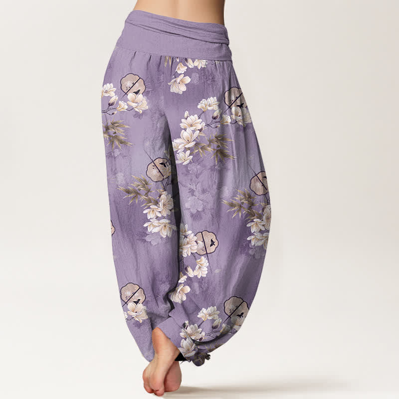 Buddha Stones Pantalon harem à taille élastique pour femme, motif feuilles de fleurs blanches, en coton. - image 7