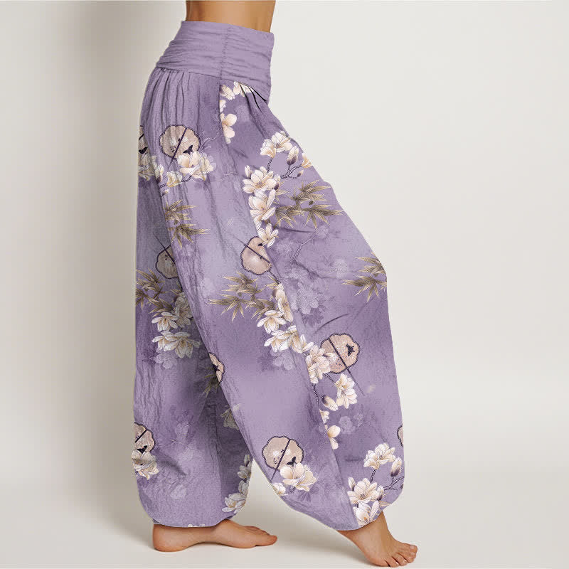 Buddha Stones Pantalon harem à taille élastique pour femme, motif feuilles de fleurs blanches, en coton. - image 6
