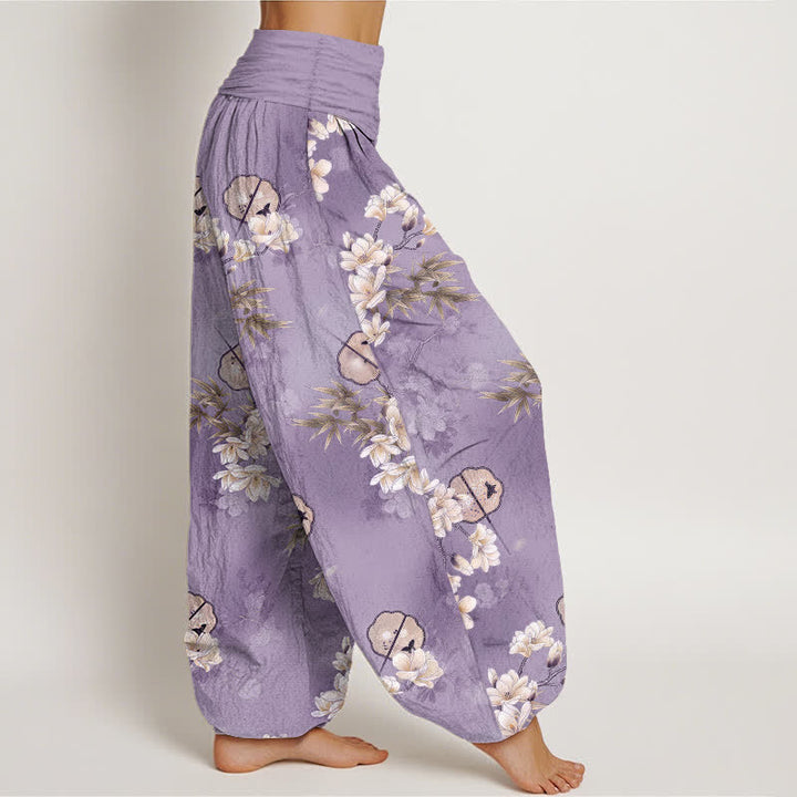 Buddha Stones Pantalon harem à taille élastique pour femme, motif feuilles de fleurs blanches, en coton. - image 6