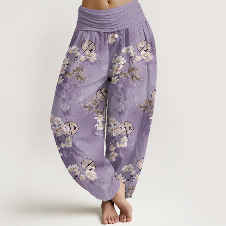Buddha Stones Pantalon harem à taille élastique pour femme, motif feuilles de fleurs blanches, en coton. - Violet moyen - US16，UK/AU20，EU48 (3XL) - image 5
