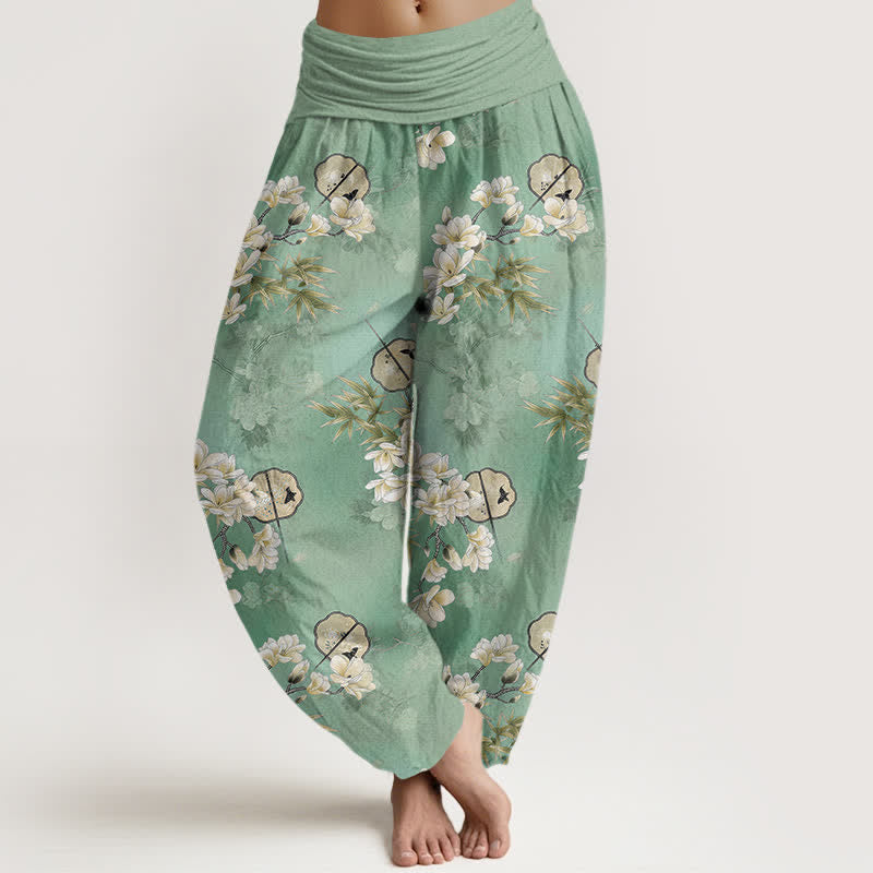 Buddha Stones Pantalon harem à taille élastique pour femme, motif feuilles de fleurs blanches, en coton. - Bleu vert - US16，UK/AU20，EU48 (3XL) - image 8