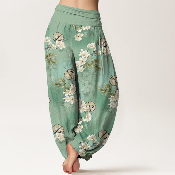 Buddha Stones Pantalon harem à taille élastique pour femme, motif feuilles de fleurs blanches, en coton. - image 10