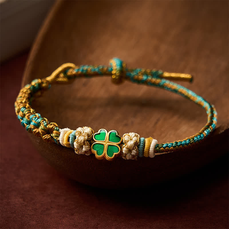 Buddha Stones Bracelet porte-bonheur en corde tressée à la main, multicolore, en forme de cœur, orné de fleurs de pêcher et de trèfles à quatre feuilles verts. - Vert (Tour de poignet : 15-19 cm) - image 0
