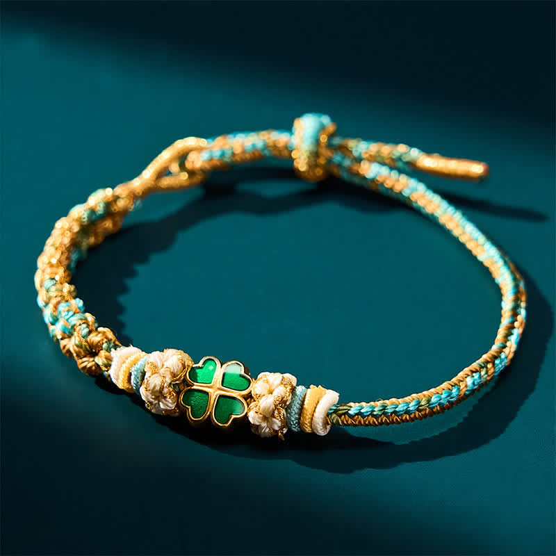 Buddha Stones Bracelet porte-bonheur en corde tressée à la main, multicolore, en forme de cœur, orné de fleurs de pêcher et de trèfles à quatre feuilles verts. - image 1