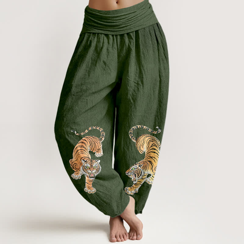 Buddha Stones Pantalon harem taille élastique pour femme en coton à motif tigre majestueux - Vert forêt - US16，UK/AU20，EU48 (3XL) - image 0