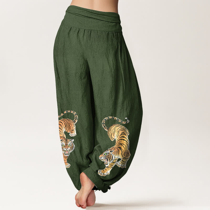 Buddha Stones Pantalon harem taille élastique pour femme en coton à motif tigre majestueux - image 1