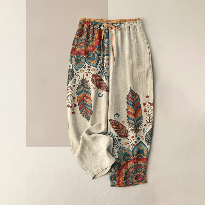 Buddha Stones Pantalon pour femme en pur coton, élégant, à motif floral bohème, taille élastique et poches. - Rouge - US16，UK/AU20，EU48 (3XL) - image 0