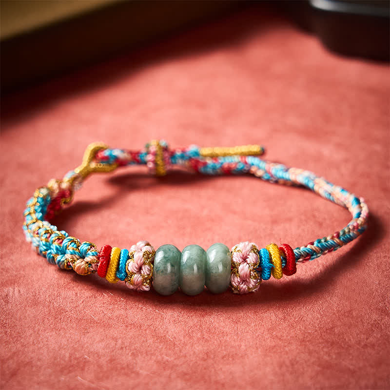Buddha Stones Bracelet porte-bonheur en corde de jade multicolore à motif de fleurs de pêcher, tissé à la main - image 1