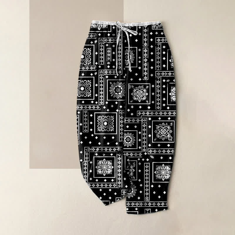 Buddha Stones Pantalon pour femme en pur coton, à taille élastique et poches, motif patchwork bandana vintage. - Noir - US16，UK/AU20，EU48 (3XL) - image 0