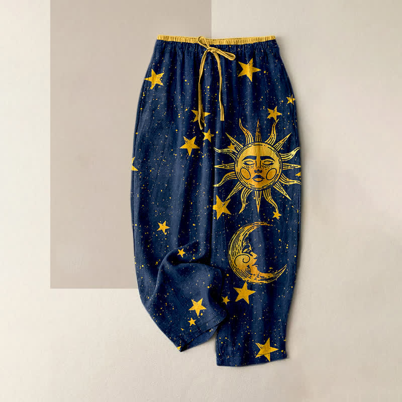 Buddha Stones Pantalon pour femme en pur coton, motif lune et soleil mystique, taille élastique et poches - Marine - US16，UK/AU20，EU48 (3XL) - image 0