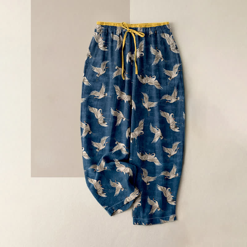 Buddha Stones Pantalon pour femme en pur coton, motif grue gracieuse, taille élastique et poches - Marine - US16，UK/AU20，EU48 (3XL) - image 0